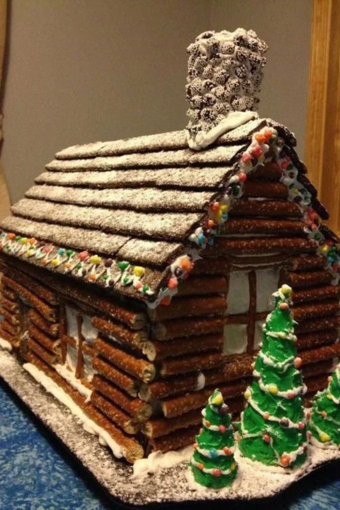 Rustic Pretzel Log Cabin Gingerbread House