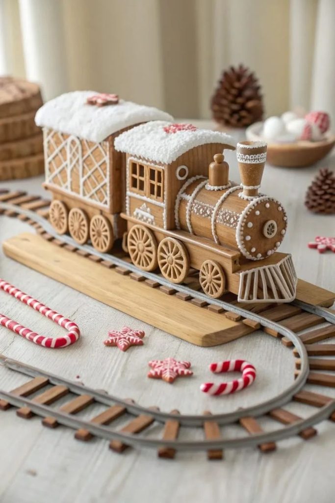 Festive Gingerbread Train Station Village