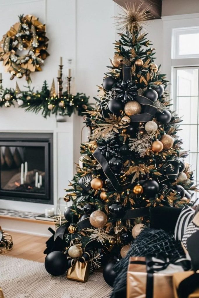 Glamorous black and gold Christmas tree decorations.