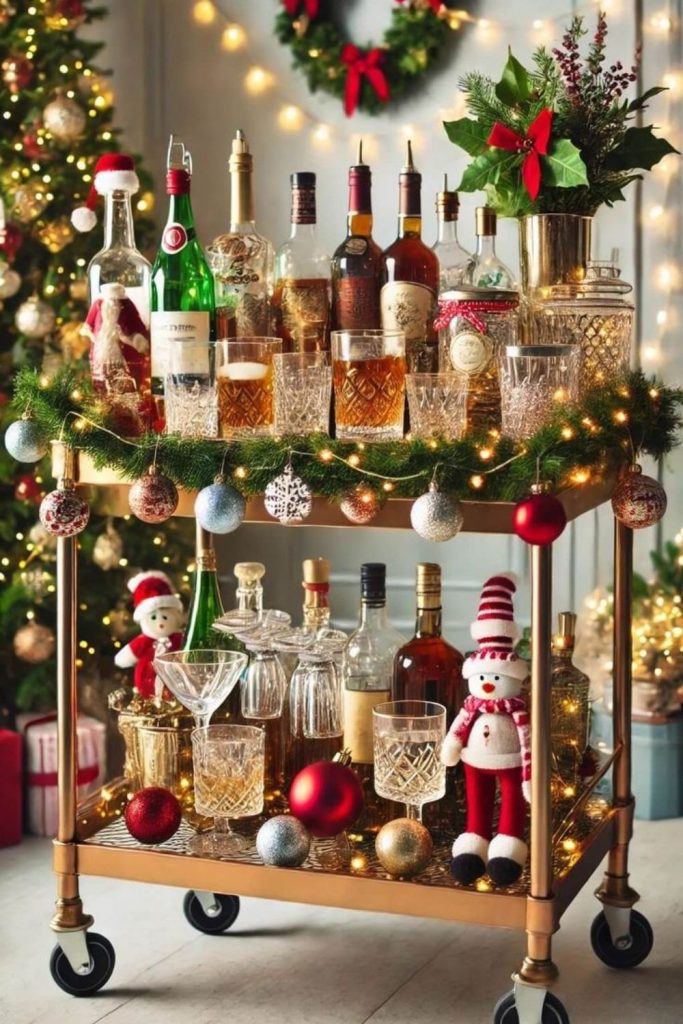 Glamorous gold Christmas bar cart with sparkling glassware.