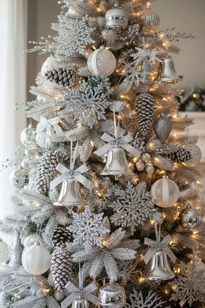 Glamorous silver glitter flocked Christmas tree.