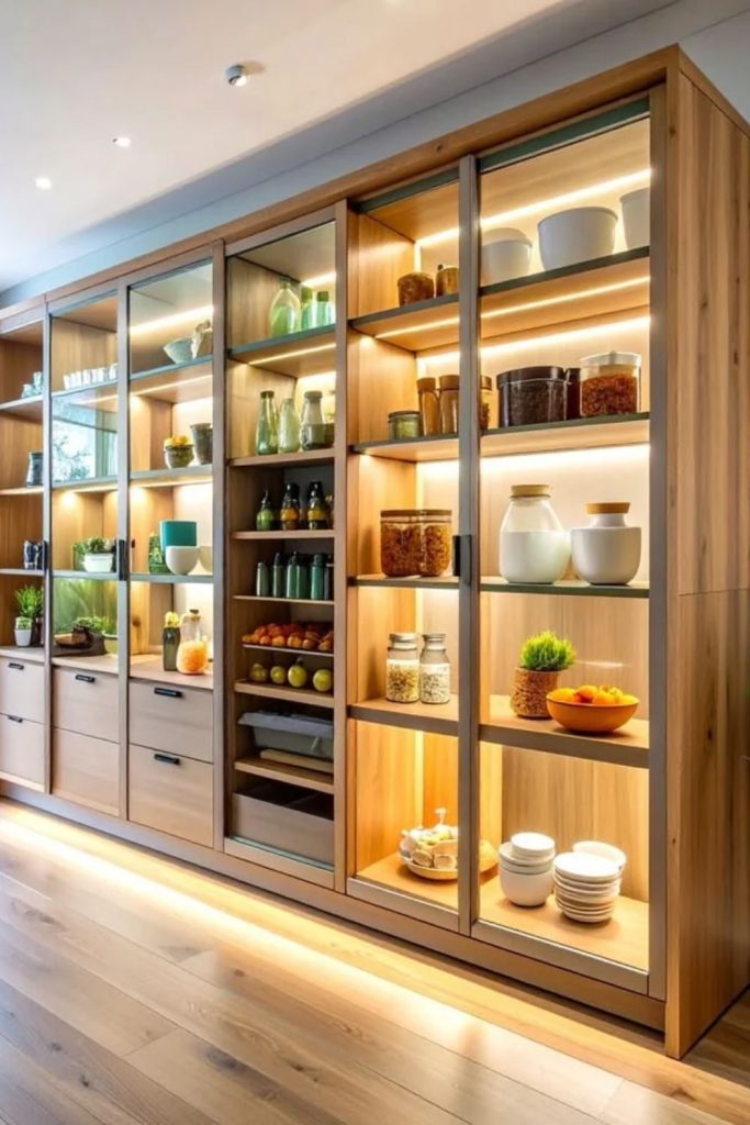 Glass-front cabinets displaying beautiful kitchenware collections.