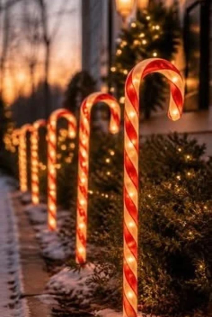 Red and white candy cane pathway lights.