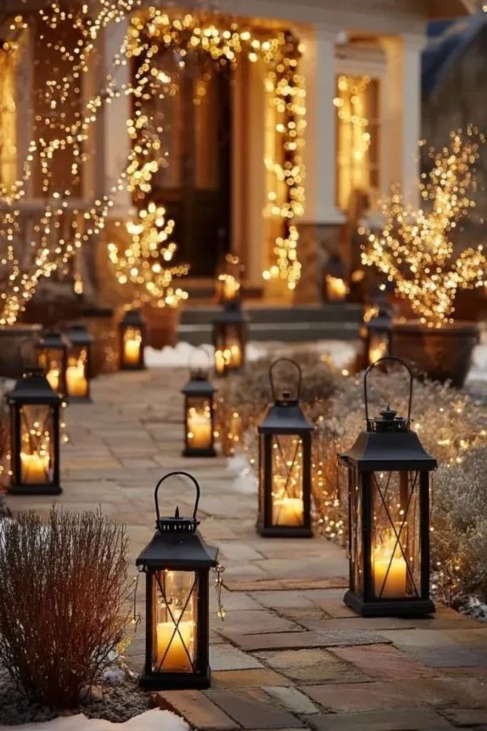 Glowing lanterns illuminating Christmas garden pathways.