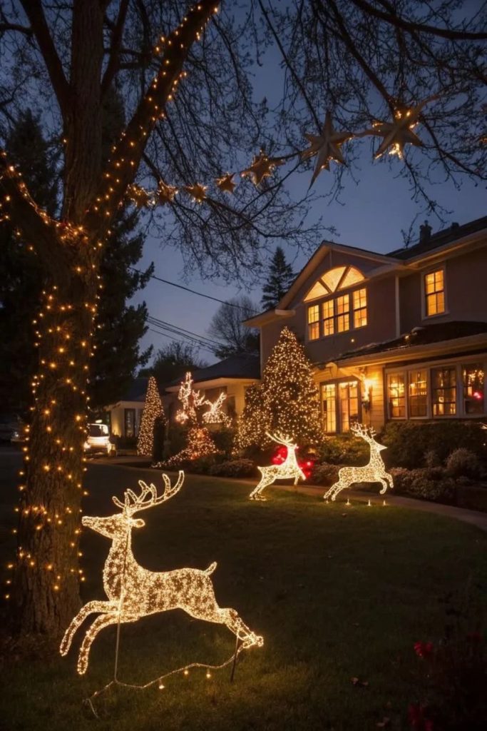 Glowing reindeer figures displayed across Christmas lawns.