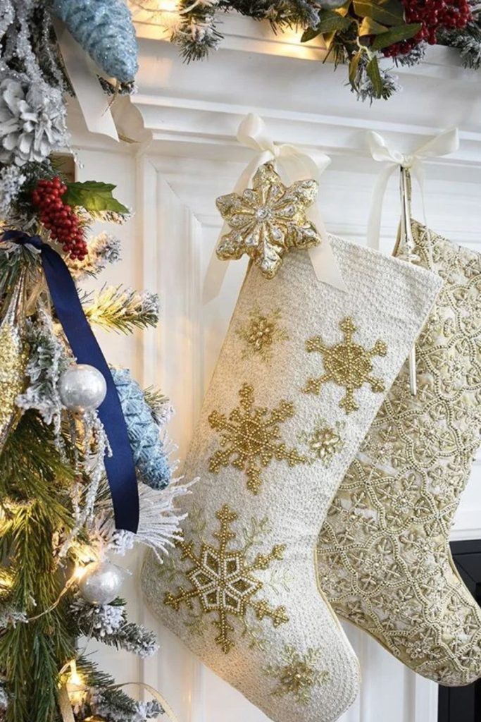 Glamorous gold metallic Christmas stocking decorations