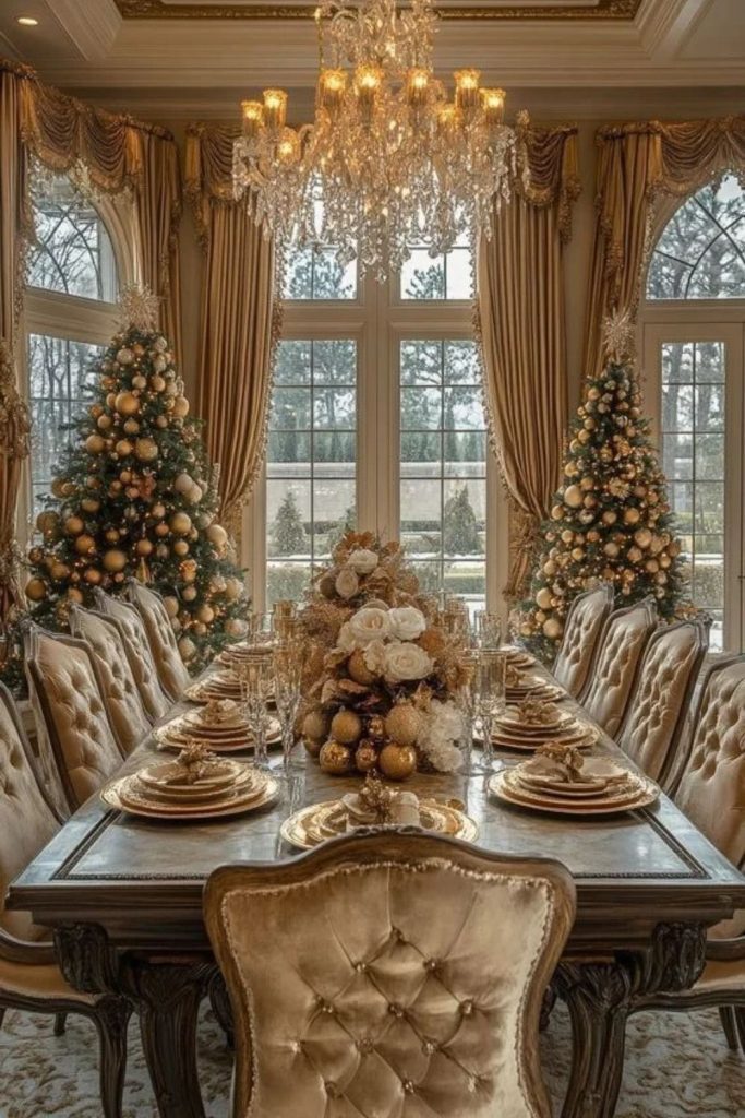 Glamorous Christmas dining table with golden accents.