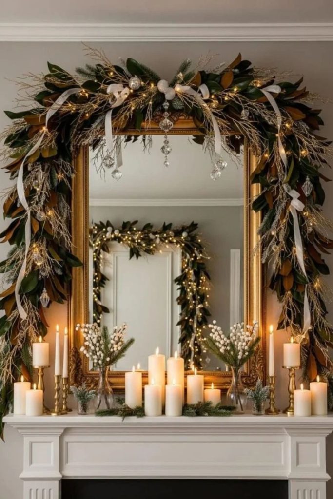 Golden Christmas garland with elegant ornaments.
