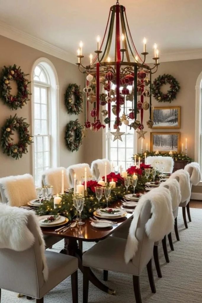 Grand Christmas dining room with elegant centerpiece.