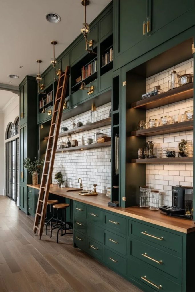 Green botanical pantry with natural wood accents.
