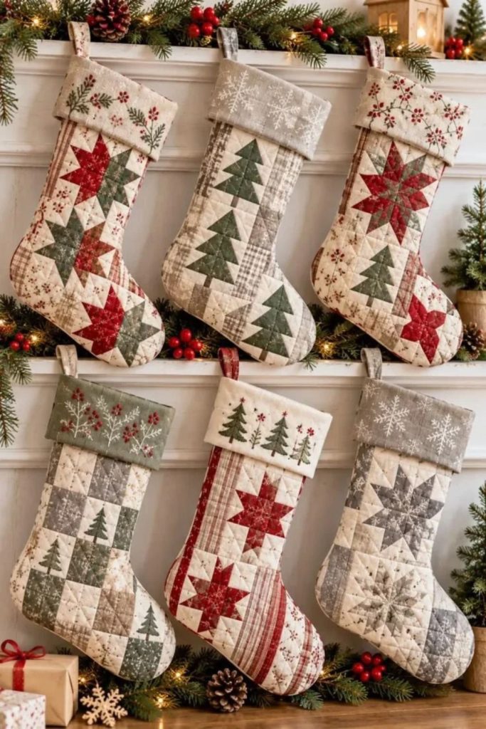 Handmade patchwork festive Christmas stockings