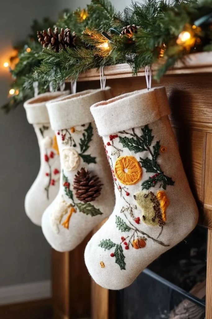 Heirloom embroidered keepsake Christmas stockings