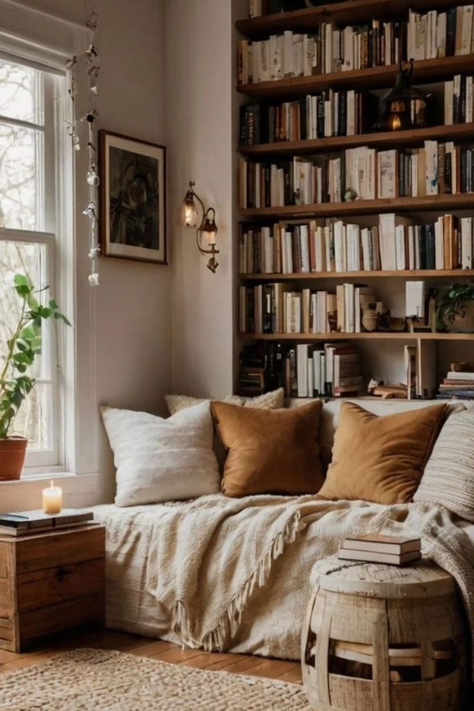 . Cozy hygge living room with wooden bookshelves.