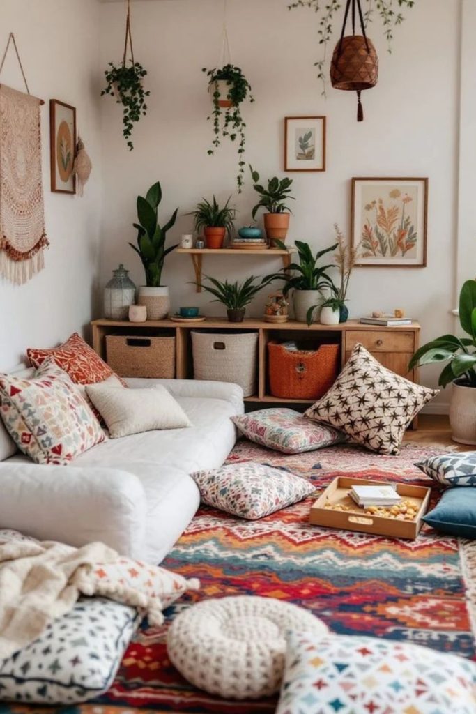 Floor cushions in relaxed hygge living room.