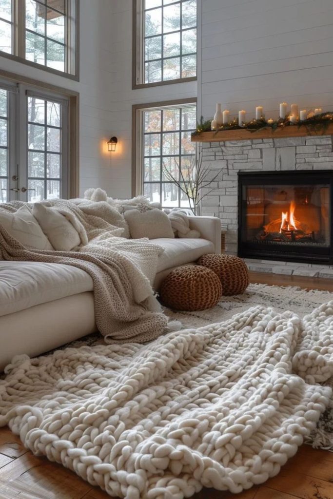 Layered rugs in warm Scandinavian living room.