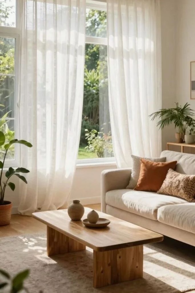 Sheer curtains in bright hygge living room.
