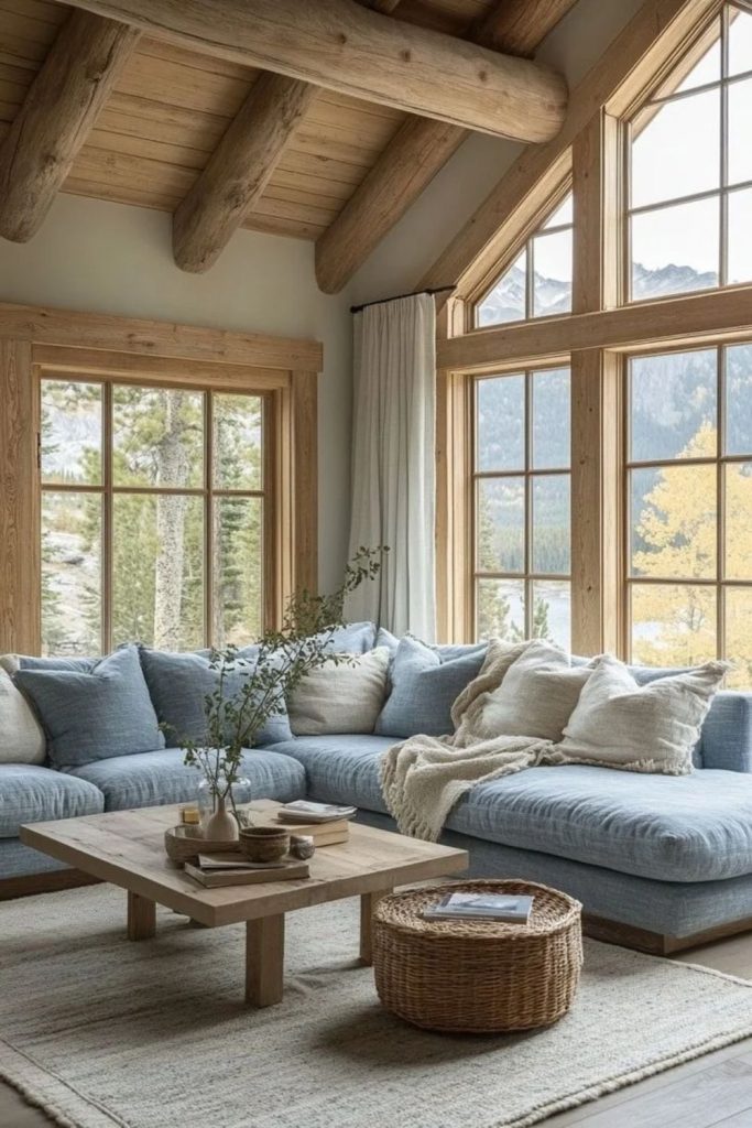 Soft blue accents in peaceful hygge living room.