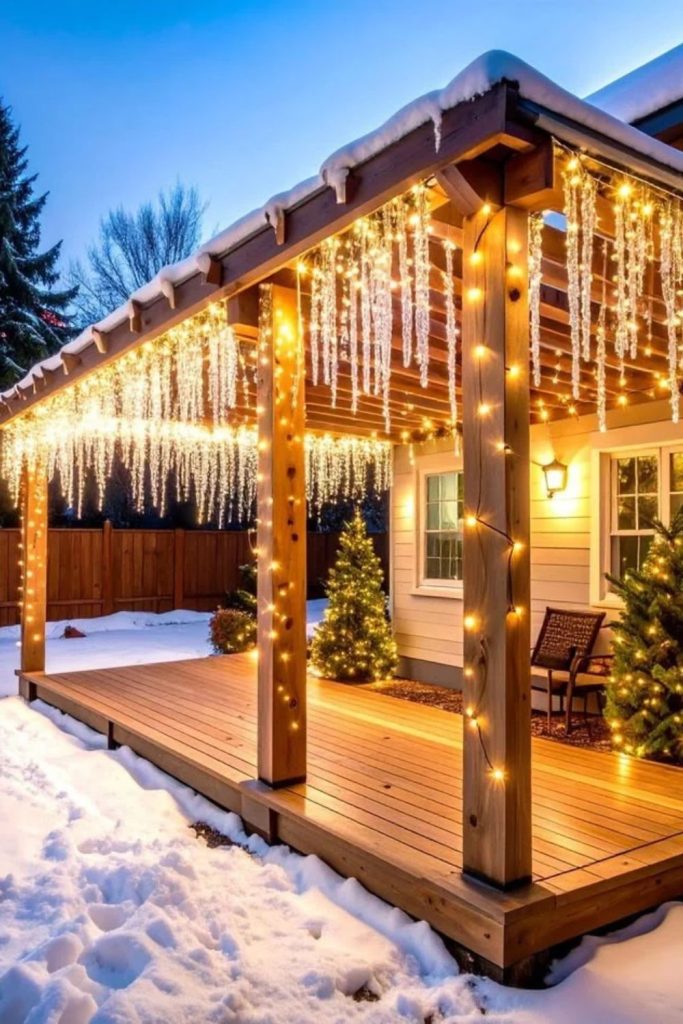 Cascading icicle lights beneath garden pergola beams.