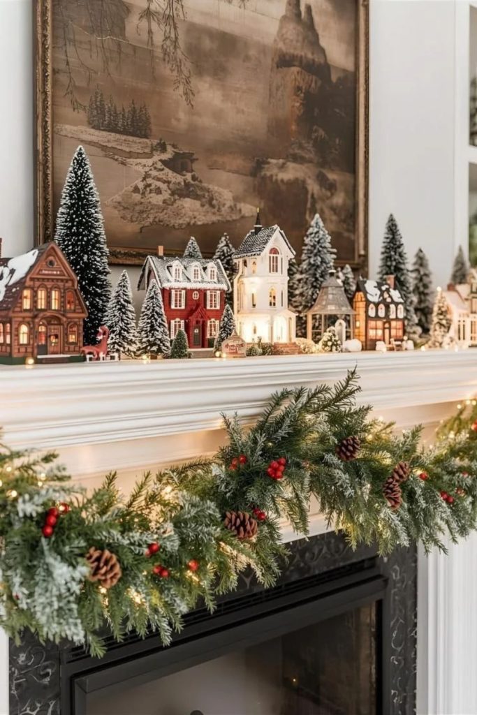 Illuminated Christmas village decorating fireplace mantel.