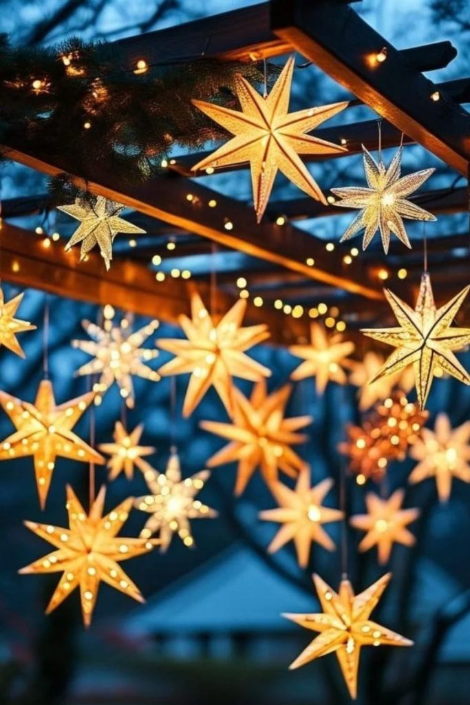 Illuminated Christmas stars decorating exterior walls.