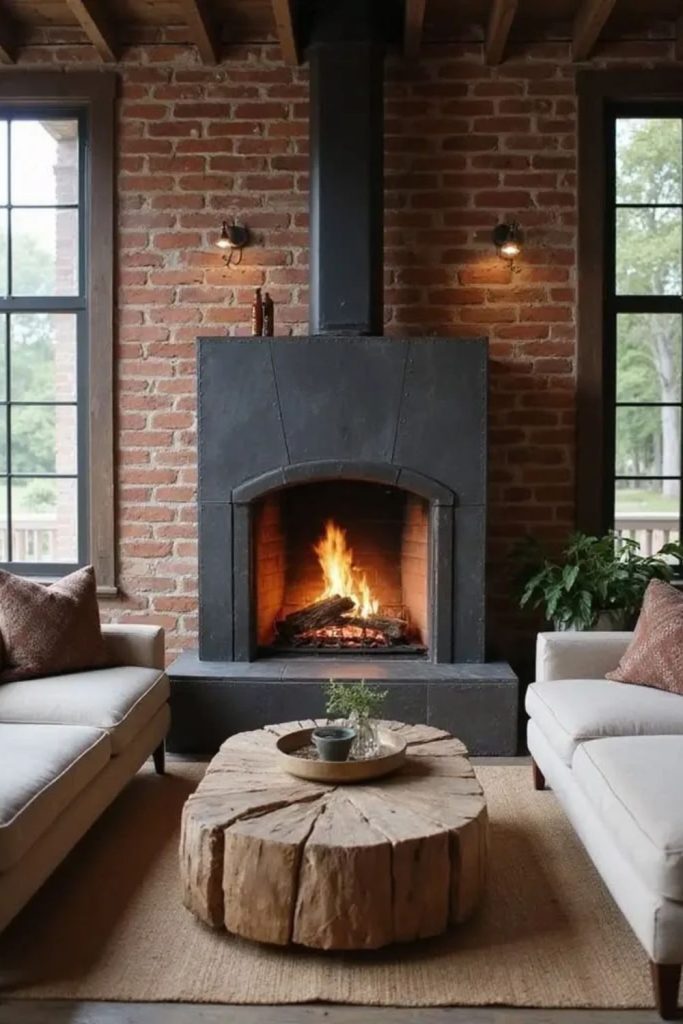 Industrial brick living room with stove.