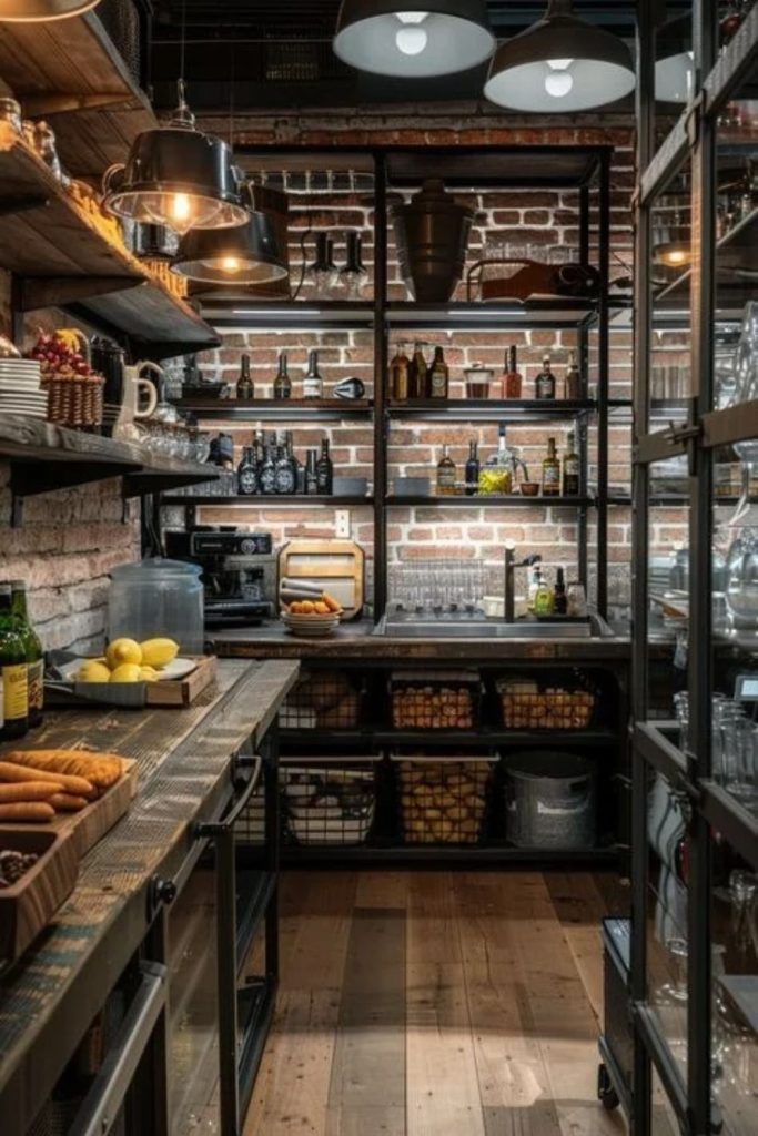 Industrial pantry with brick and metal shelving.