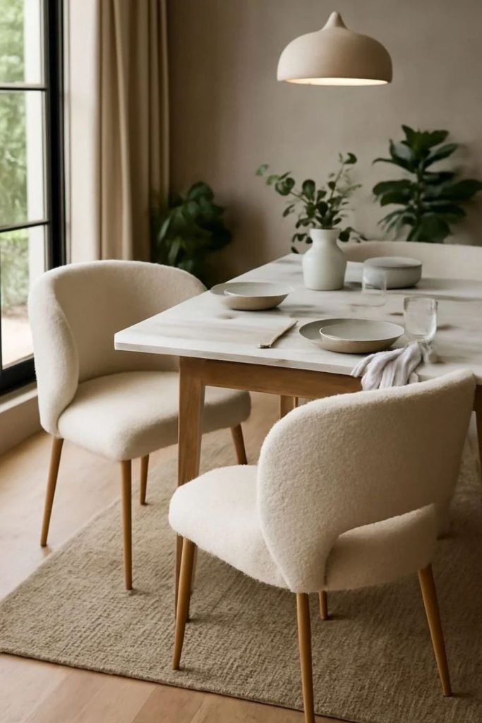 Ivory Bouclé Dining Chairs with Wooden Table