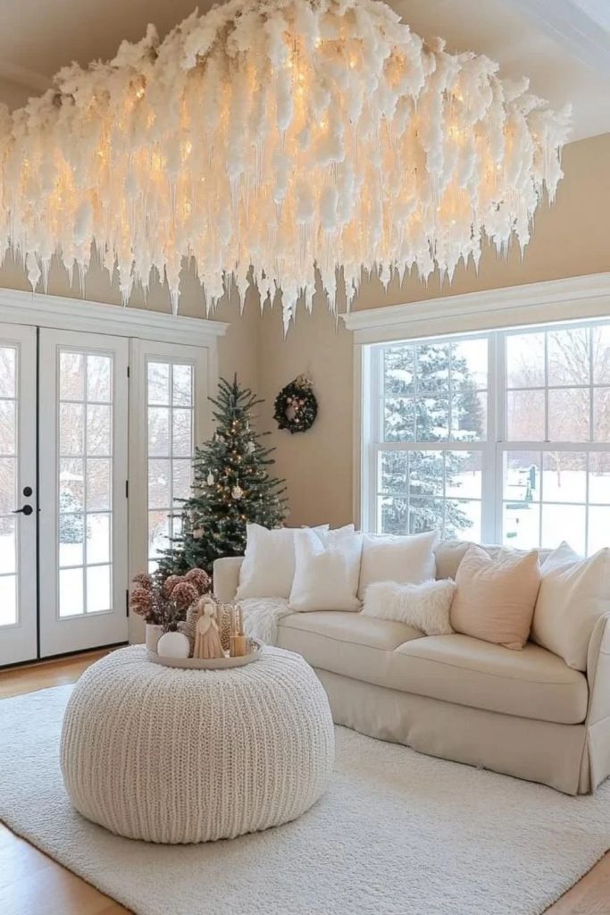 Elegant ivory living room with cozy Christmas accents.