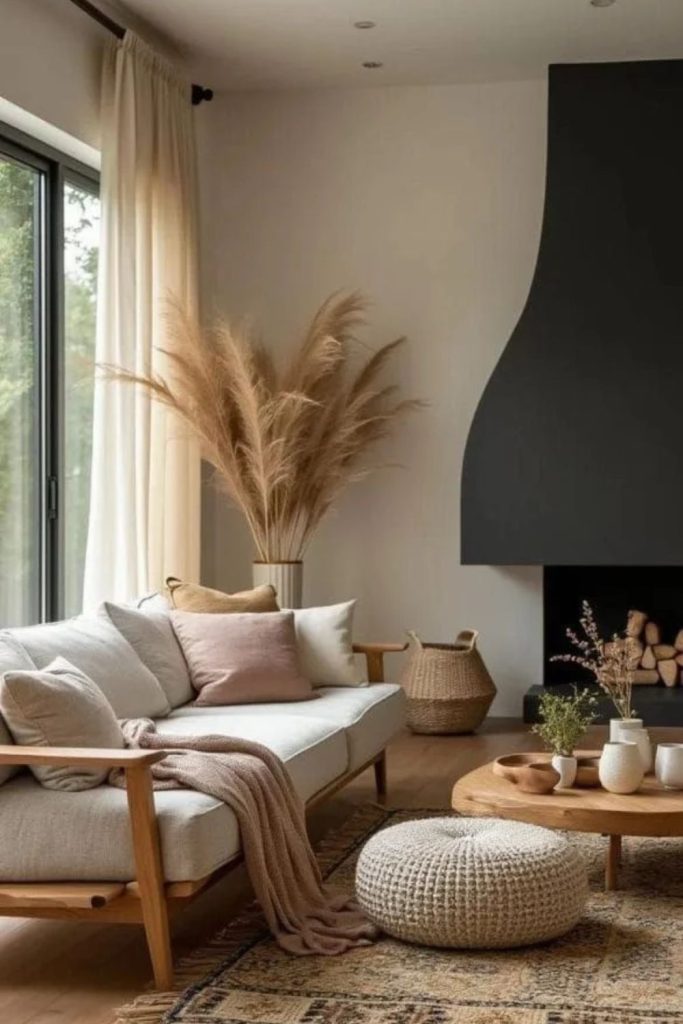 Japandi hygge living room with minimalist furniture.