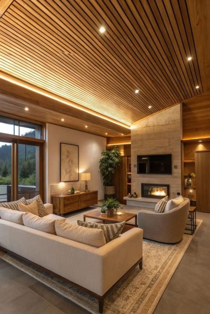 Japandi wooden slatted ceiling retreat.