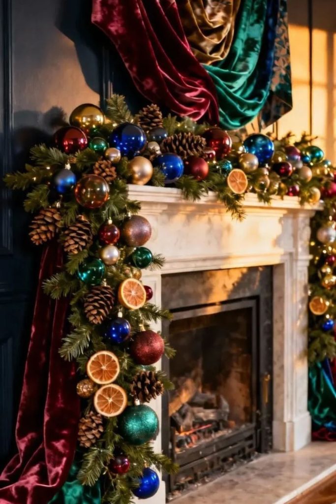 Jewel tone Christmas garland with ornaments.