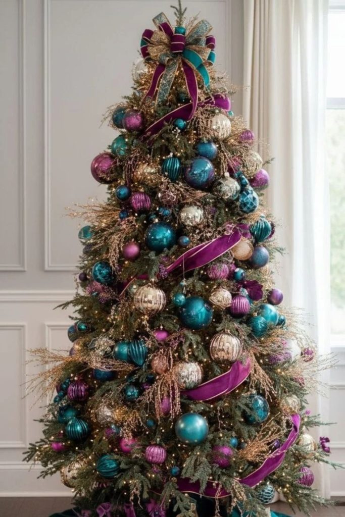 Jewel-tone Christmas tree with luxurious colorful baubles.