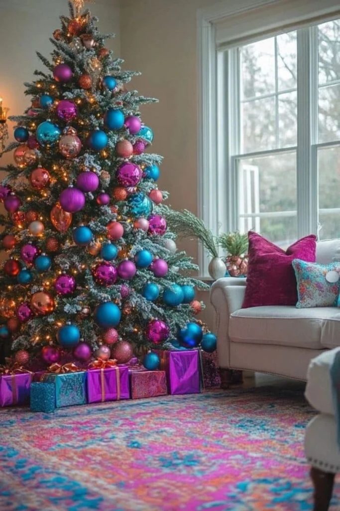 Jewel tone flocked Christmas tree with colorful ornaments.