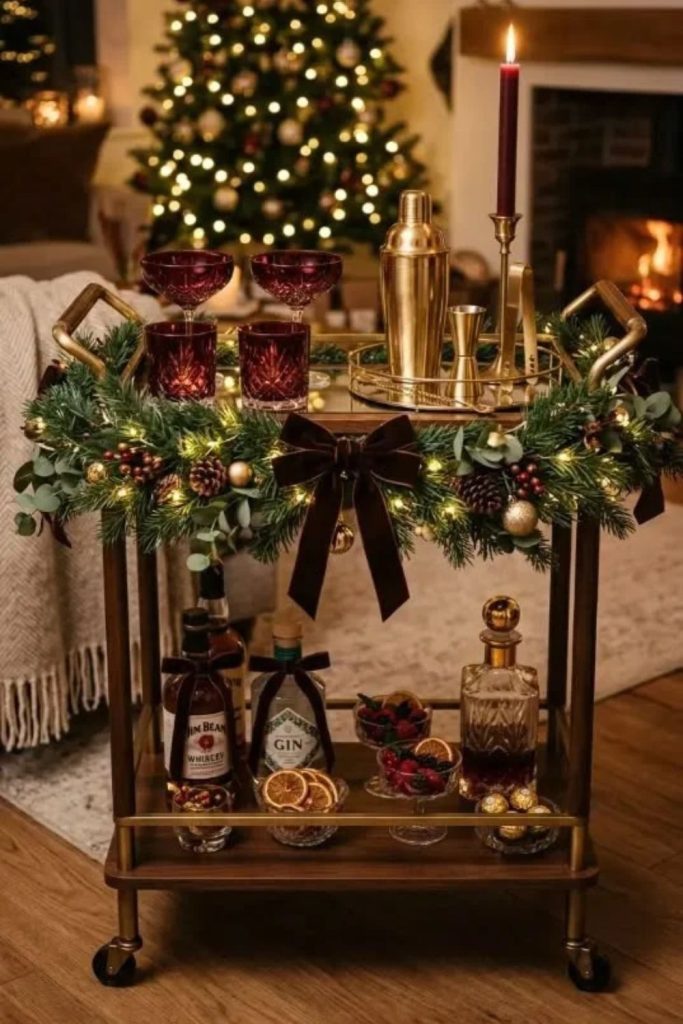 Jewel-toned Christmas bar cart with luxurious colors.