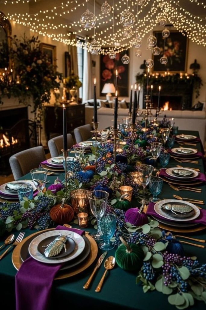 Luxurious jewel-toned Christmas dining room decorations.