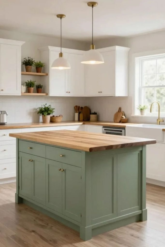 Olive green kitchen island with white cabinets.