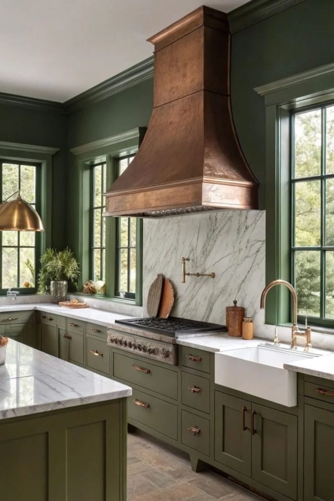 Olive green kitchen with statement range hood.
