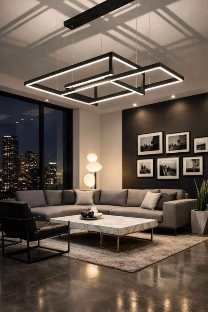 Linear LED geometric ceiling lighting.