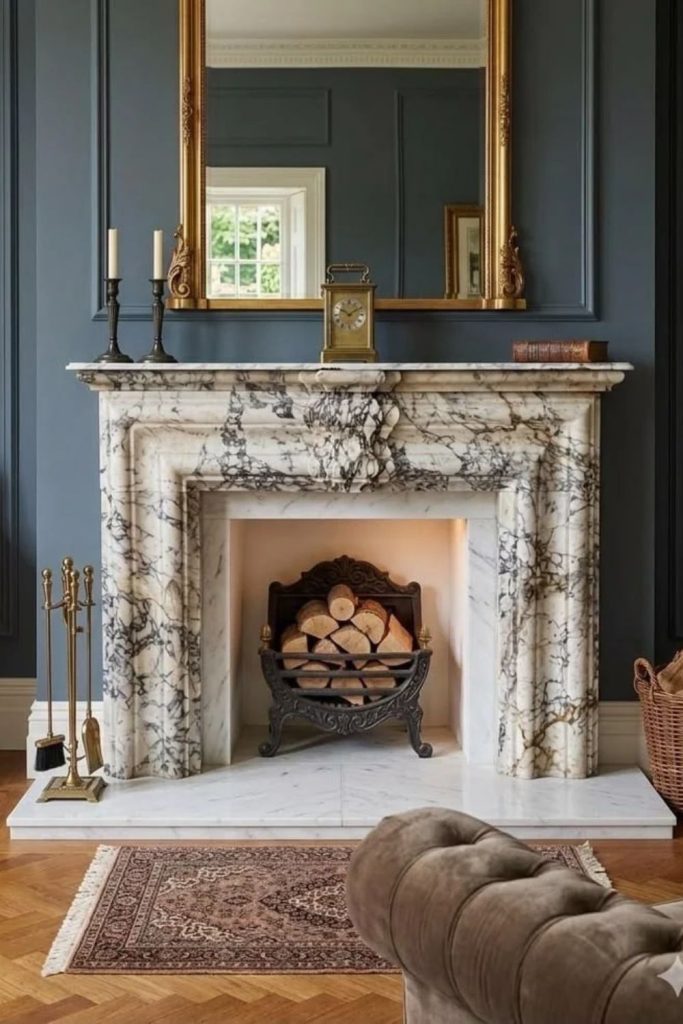 Marble hearth with modern log burner.