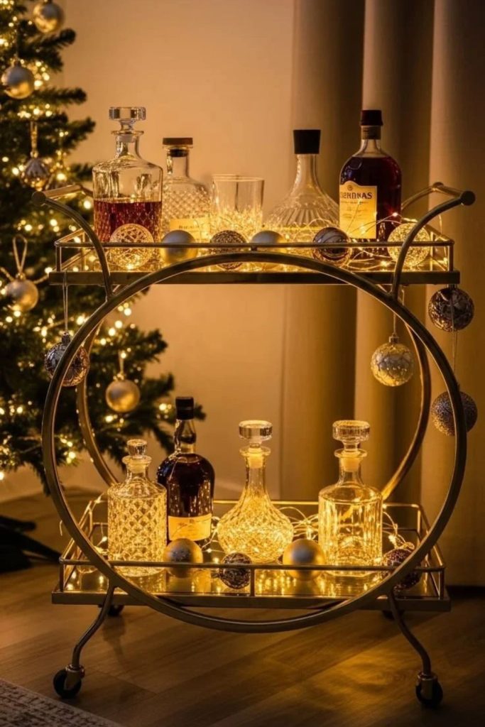 Mirrored Christmas bar cart with luxurious silver accents.