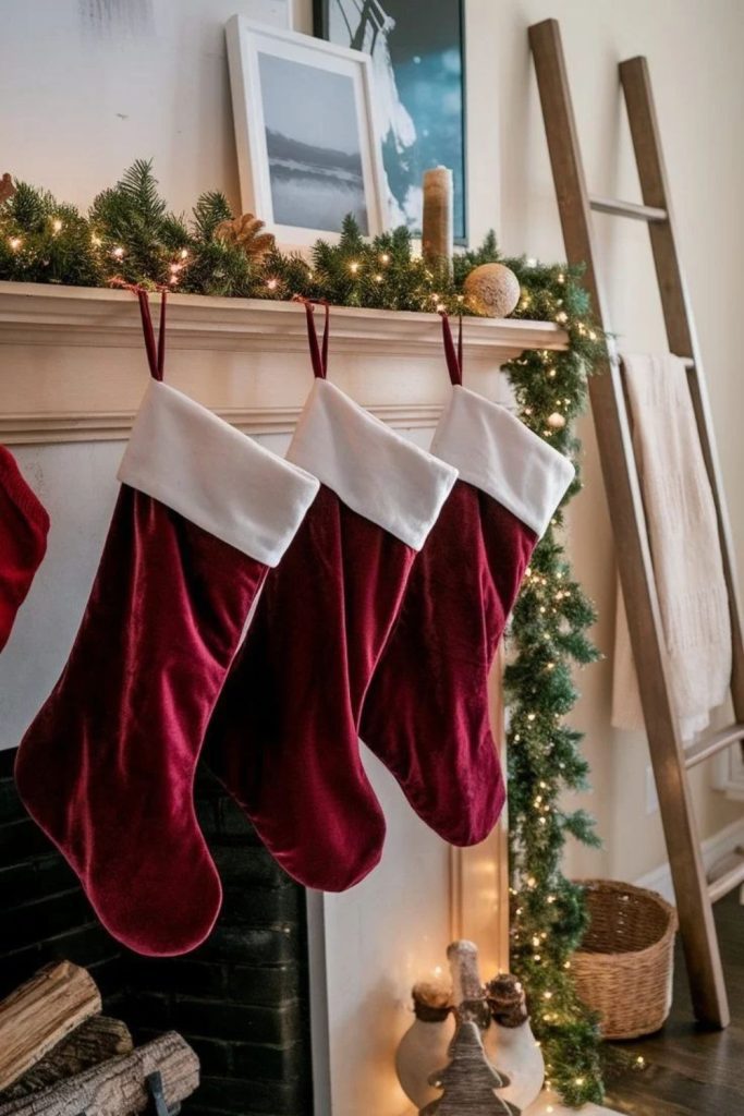 Luxurious burgundy velvet holiday stockings