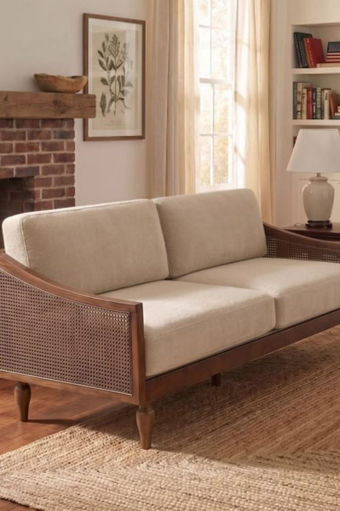 Luxury cane upholstered sofa with wooden framework