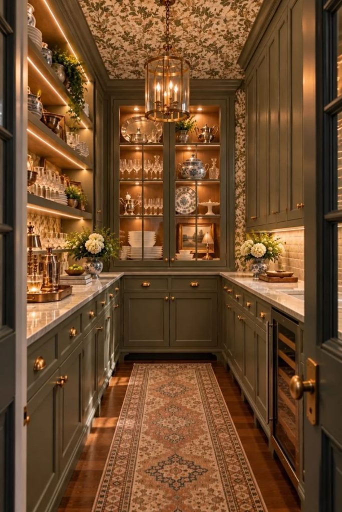 Luxury pantry with sophisticated gold accents.