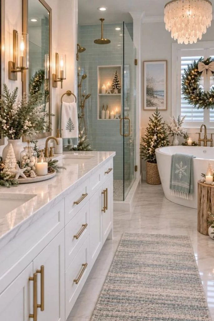 Luxury spa Christmas bathroom with elegant greenery.
