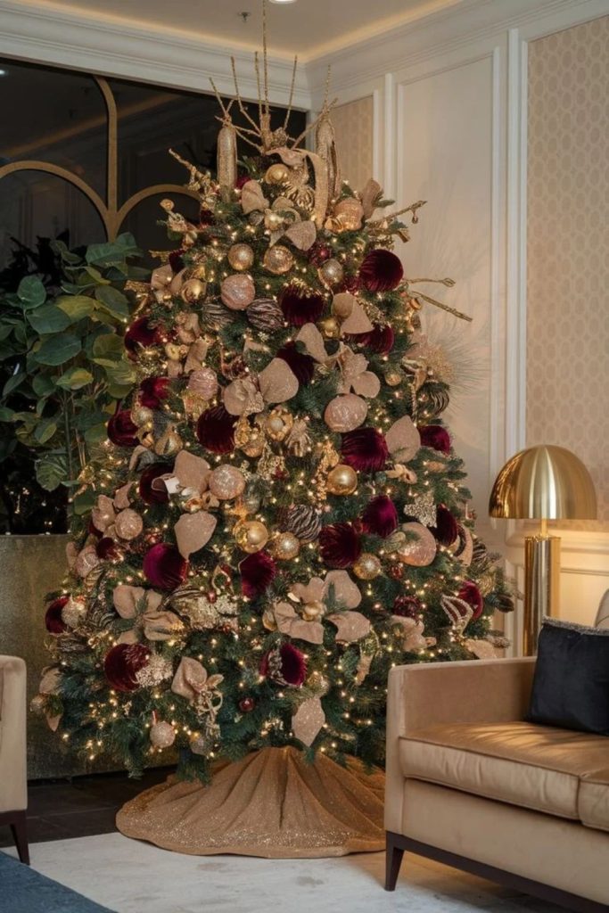 Luxury velvet Christmas tree with rich ribbons.
