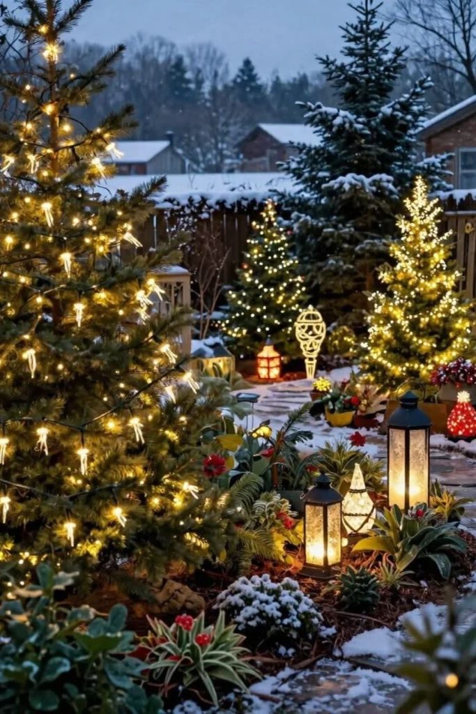 Sparkling Christmas lights wrapped around garden trees.