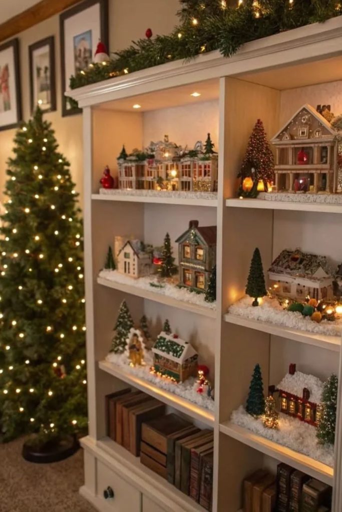 Christmas village decorating festive bookshelf shelves.