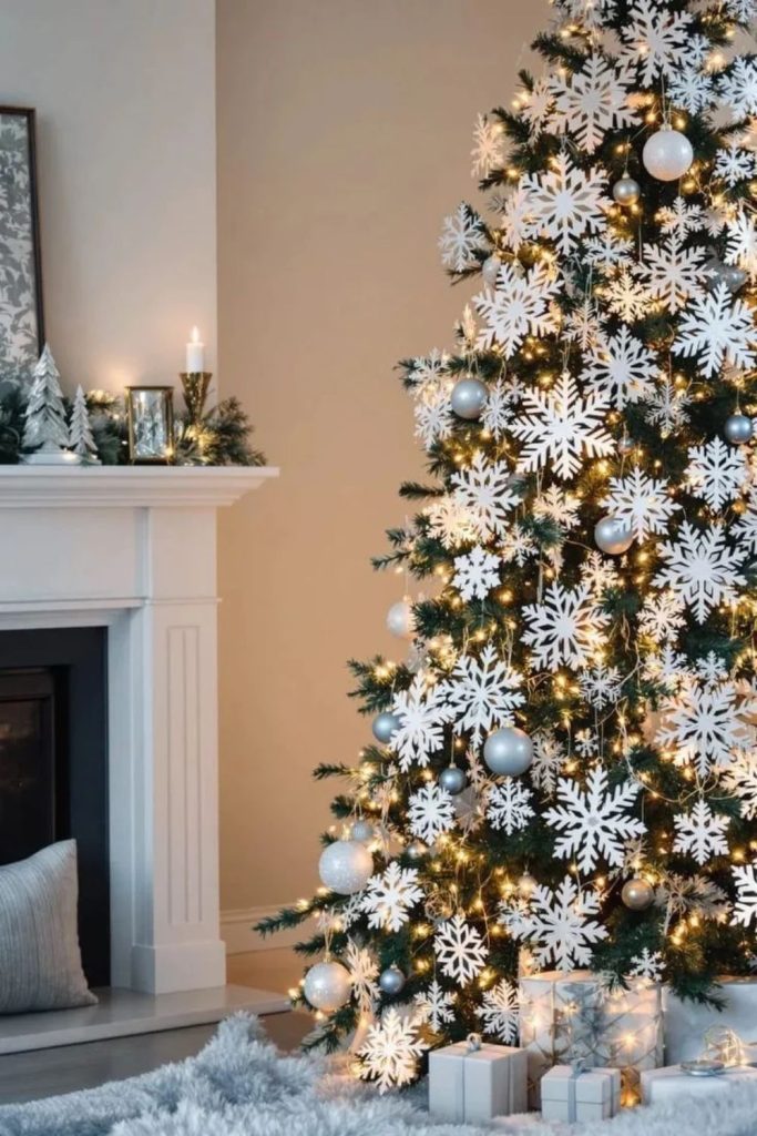 Magical fairy light Christmas tree with glowing ornaments.