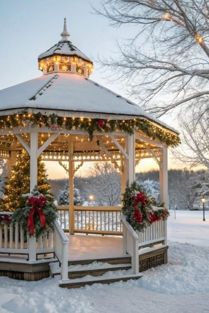 Cozy gazebo decorated with warm Christmas lights.