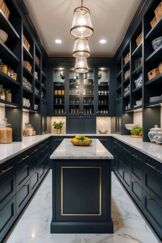 Luxurious marble butler’s pantry with elegant finishes.